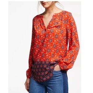 Boden Maya Floral Long Sleeved Blouse Size US 2 Blood Orange Navy‎